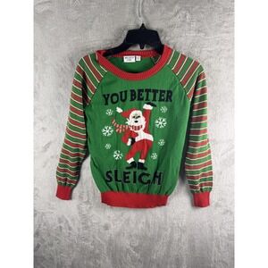 Mighty Fine Sweater Kids XS Green Santa You Better Sleigh Ugly Christmas Party